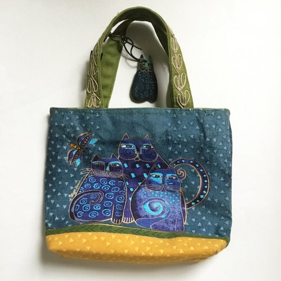 Laurel Burch Handbags - Laurel Burch Cat Blue Green & Yellow Small Mini Handbag Tote Bag & Charm